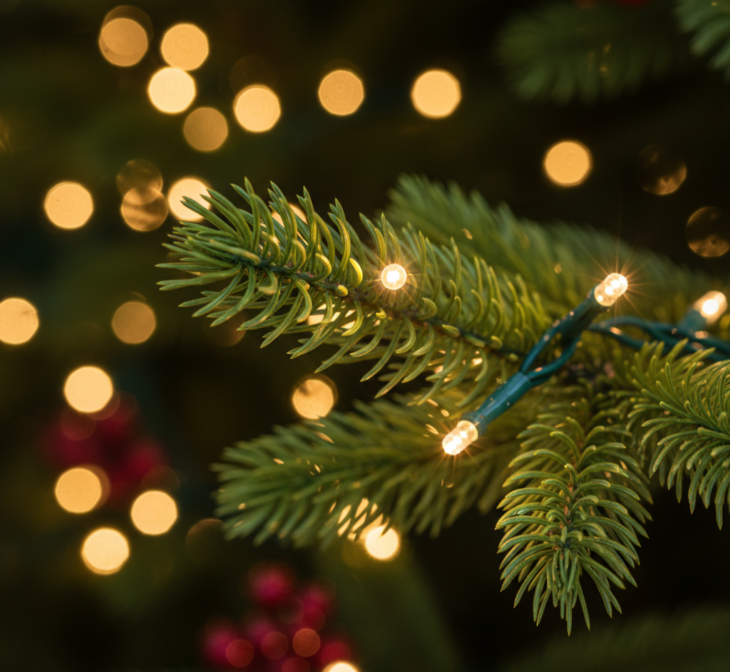 Galho de pinheiro em close-up, decorado com pequenas luzes de LED brancas e quentes. O foco está nas luzes e nos detalhes da folhagem, com o fundo desfocado.