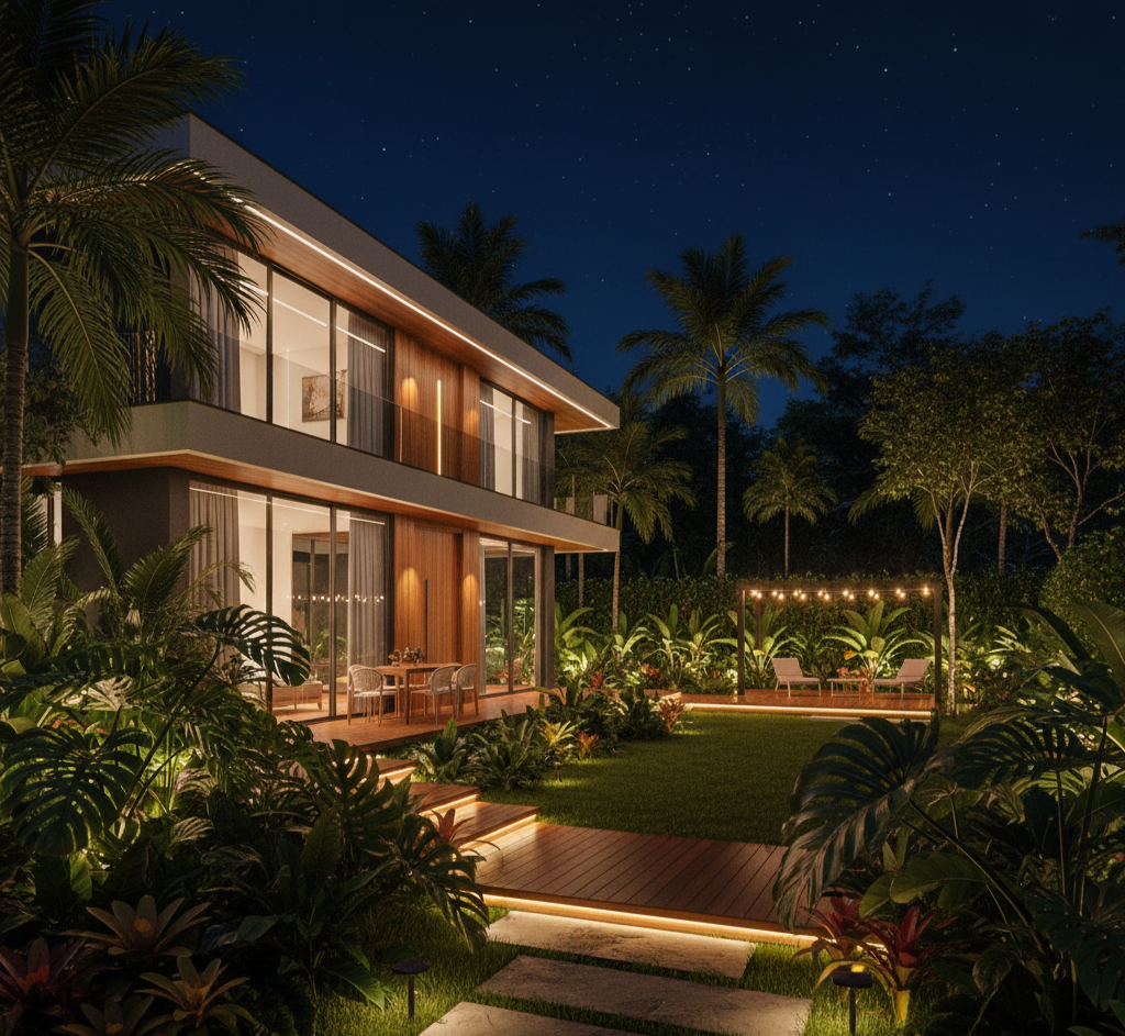 Exterior de uma casa moderna em Manaus, com um jardim tropical bem iluminado por LEDs eficientes. A iluminação valoriza o paisagismo e a arquitetura durante todo o ano, proporcionando segurança e um ambiente sofisticado, além do período festivo.