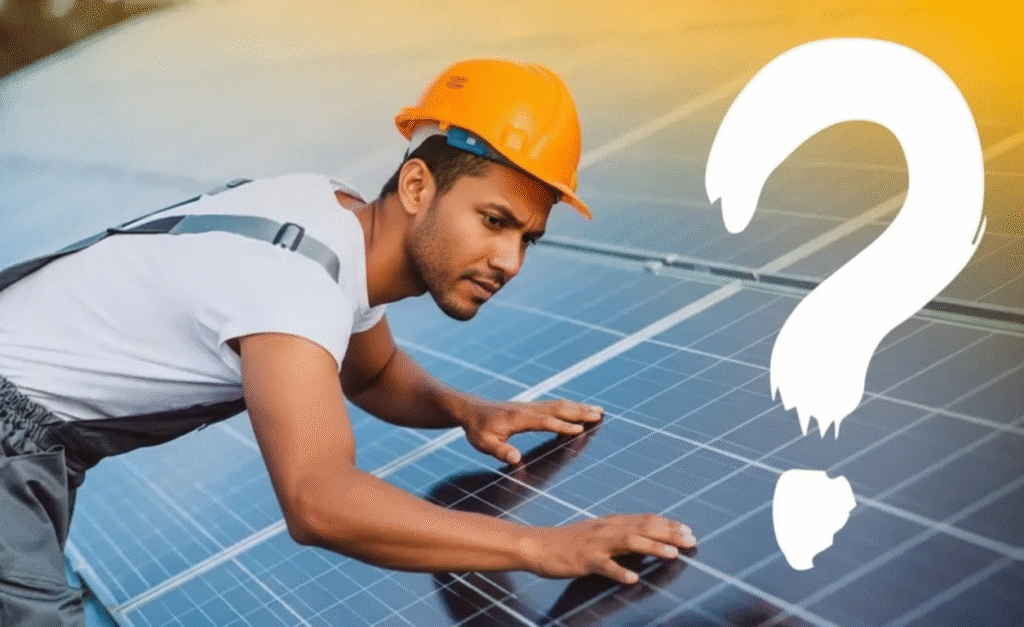 Engenheiro com fisionomia cabocla/manauara, vestindo capacete de proteção e uniforme, analisa detalhadamente a superfície de um painel solar fotovoltaico em uma instalação externa sob luz solar intensa. Ao lado, um elemento gráfico de interrogação sugere o processo de escolha e análise técnica do equipamento.