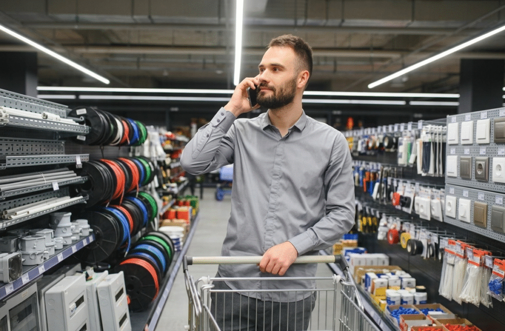 Eletricista profissional com uniforme azul e cinto de ferramentas, segurando um checklist de papel e conferindo produtos em uma prateleira de luminárias LED dentro de uma loja de material elétrico moderna em Manaus. Ao lado, um carrinho de compras contém rolos de cabos, disjuntores e caixas de interruptores."