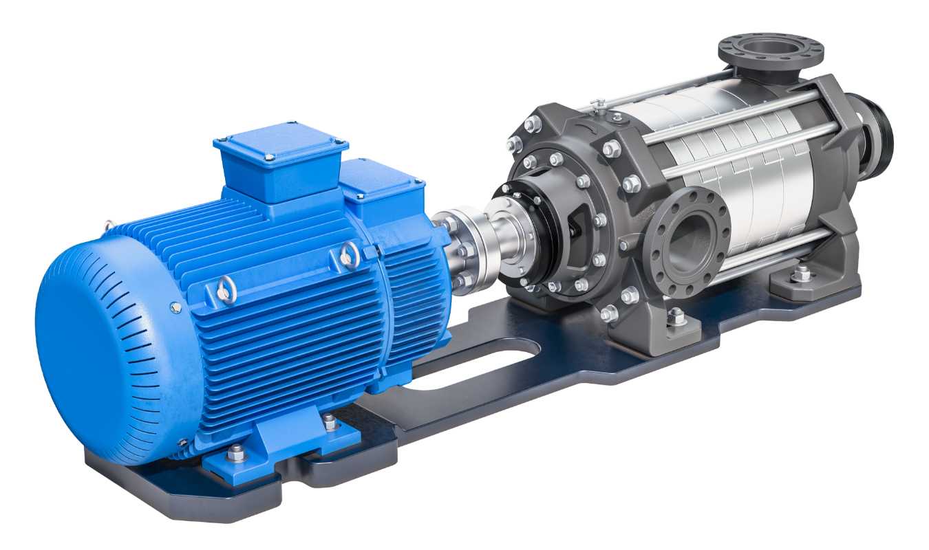 Renderização 3D de uma bomba centrífuga multiestágio de alta pressão com motor elétrico azul e corpo metálico robusto em fundo preto, ideal para aplicações industriais e agrícolas.
