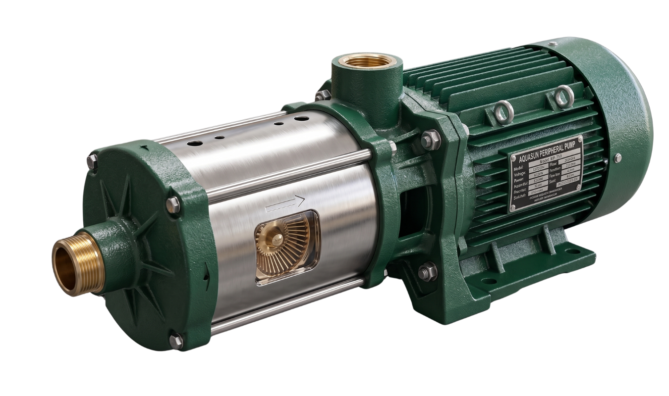 Renderização detalhada de uma bomba d'água periférica de cor verde com corpo em aço inoxidável, destacando o rotor interno e a placa de identificação técnica sobre fundo preto.